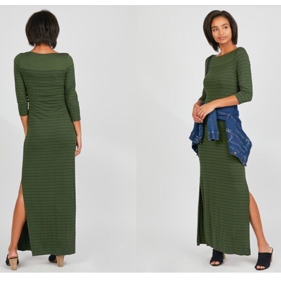 Three Dots Dresses & Skirts - Three Dots Side Slit Kelley Green Striped Maxi Dress Size Medium